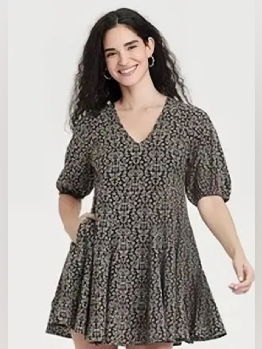 Target Universal Thread Printed V-Neck Puff Sleeve Mini Dress - Black/Cream